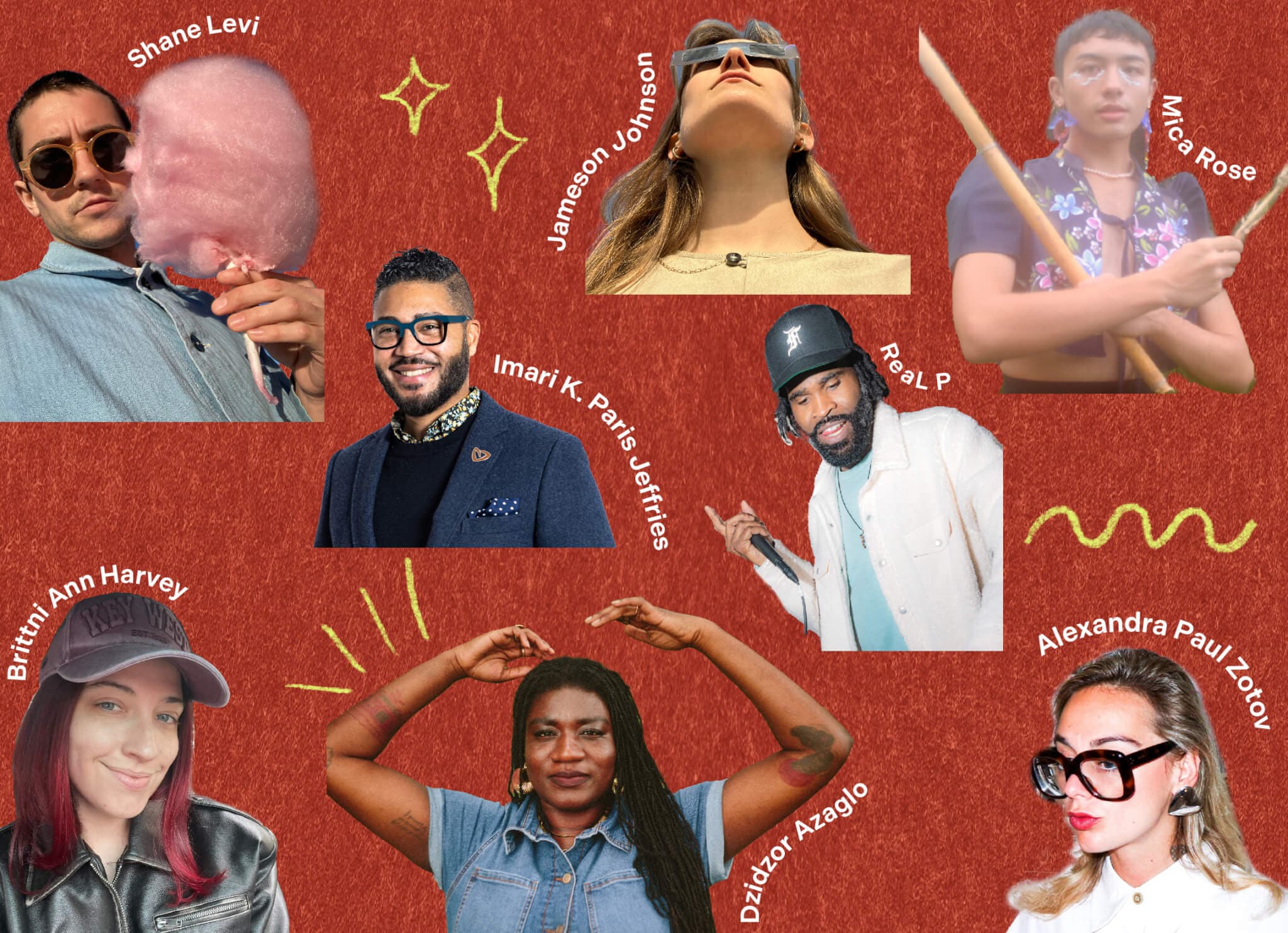 portraits of all participants on a red background with yellow doodles